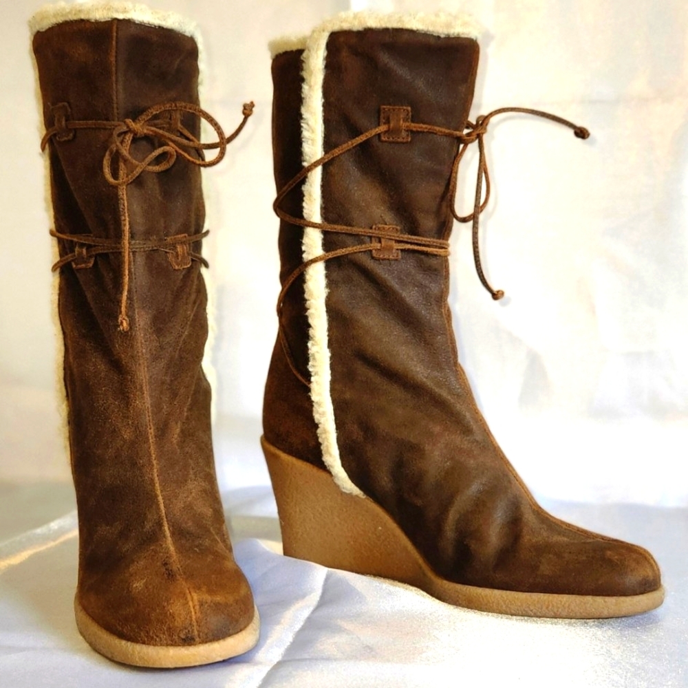 KORS MICHAEL KORS Brn Aviator Shearling Distressed Suede  Woollined boots size 7
